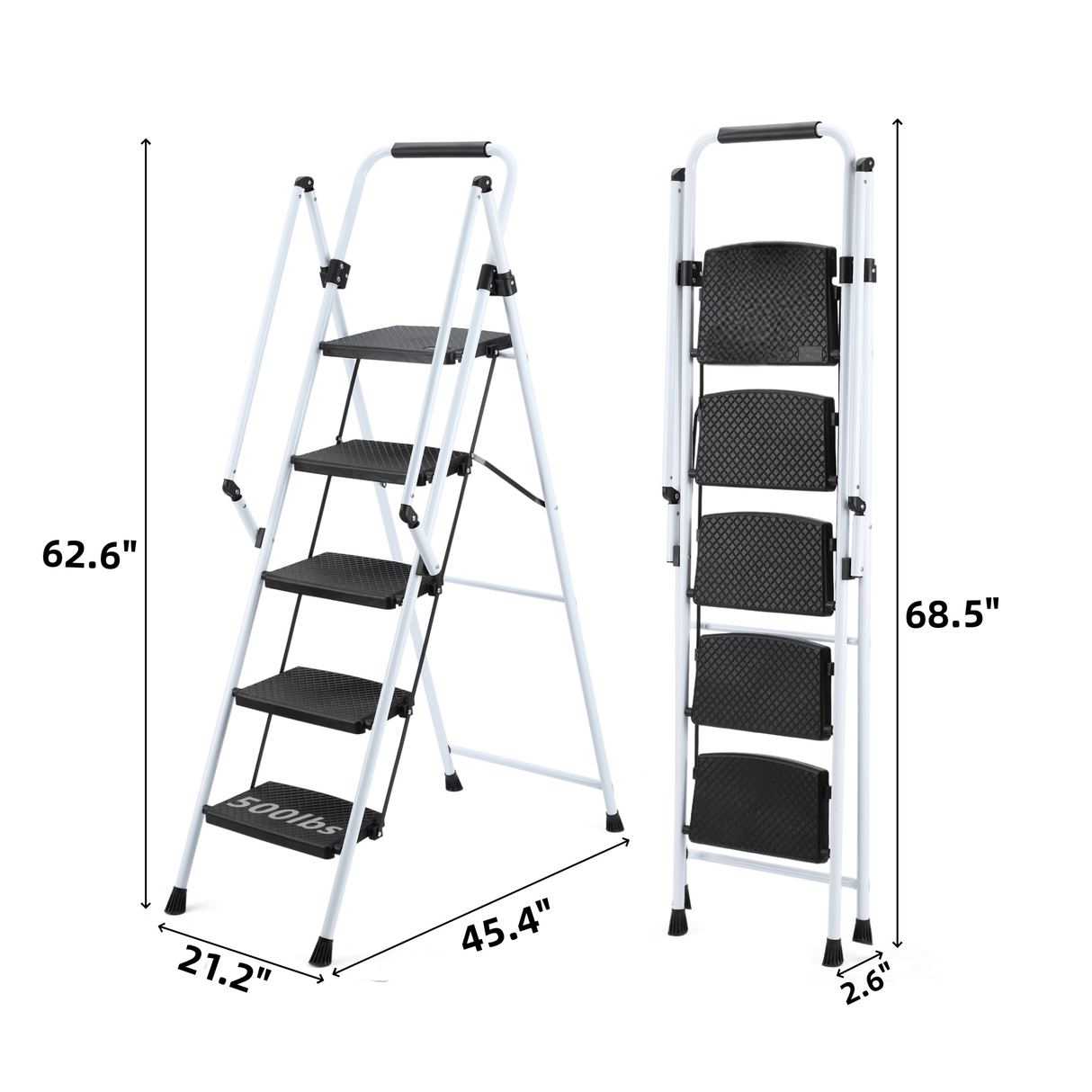 White 5 - Step Ladder Folding Wide Anti - skid Pedal and Safety Handle Strong Steel - Fab Heavy Parts