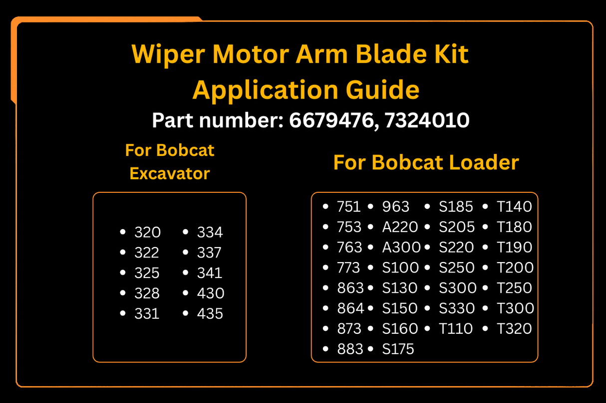 Wiper Motor Arm Blade Kit 6679476 7324010 for Bobcat Excavator 324 331 337 430 435 Loader S175 S250 S300 T190 A300 - Fab Heavy Parts