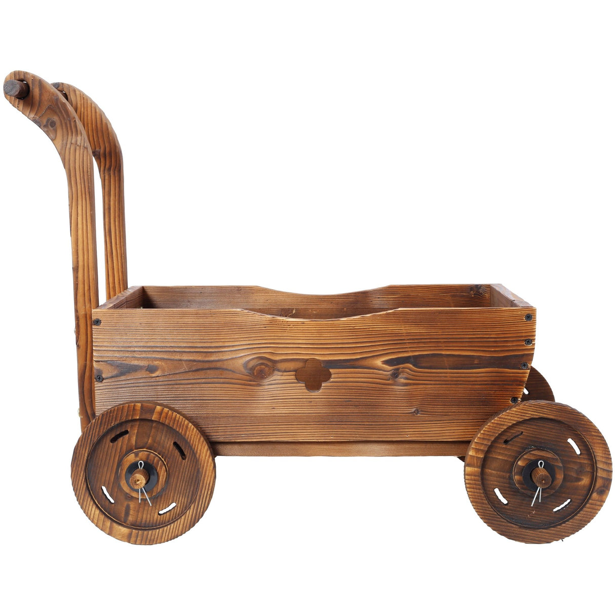 Wooden Wagon Planter Box Mobile Garden with 4 Wheels Handle Drain Hole Decorative Flower - Brown - Fab Heavy Parts