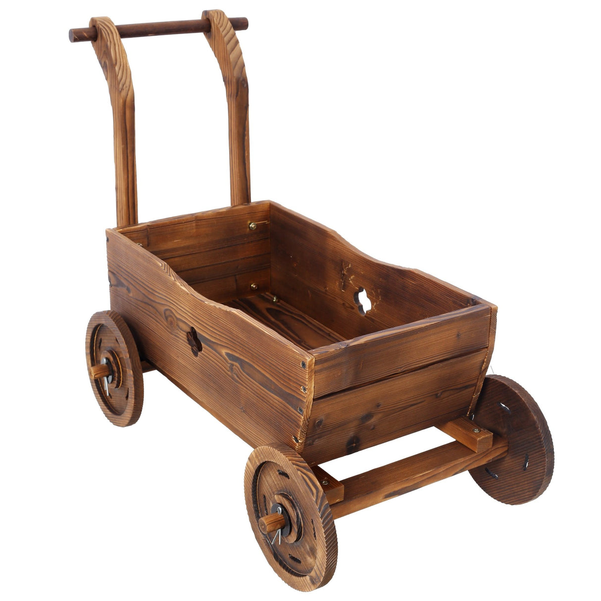 Wooden Wagon Planter Box Mobile Garden with 4 Wheels Handle Drain Hole Decorative Flower - Brown - Fab Heavy Parts