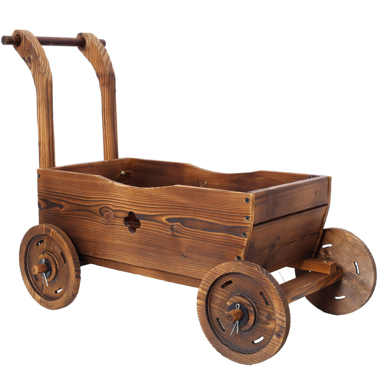 Wooden Wagon Planter Box Mobile Garden with 4 Wheels Handle Drain Hole Decorative Flower - Brown - Fab Heavy Parts