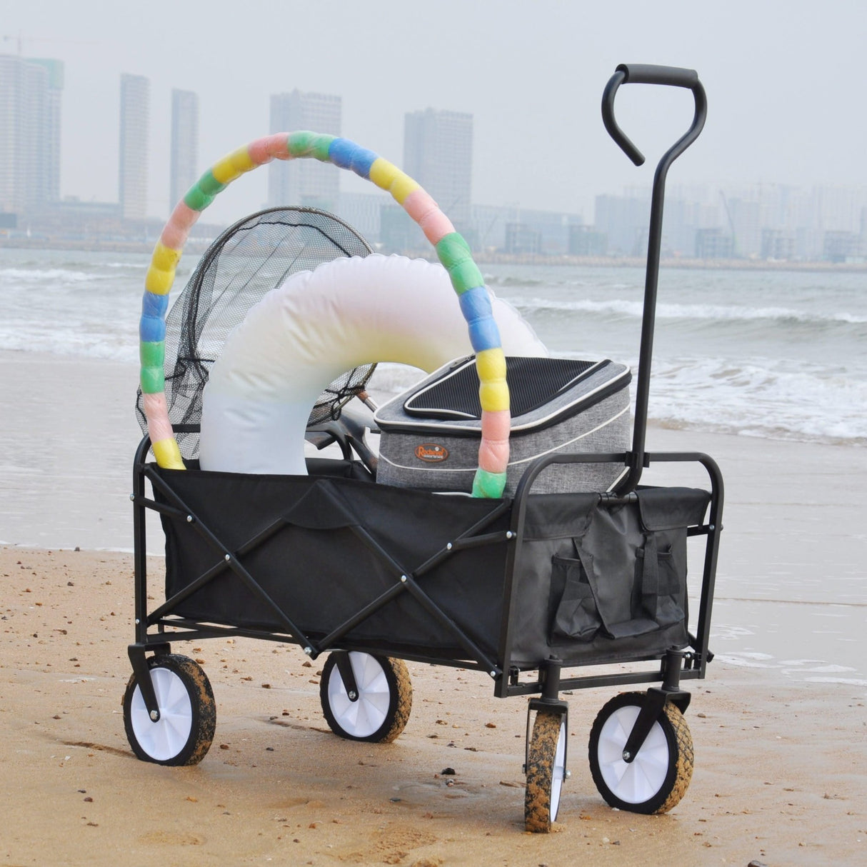 Portable Folding Wagon Garden Outdoor Park Shopping Beach Cart 150 lbs Capacity - Black - Fab Heavy Parts