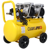Compresor de aire silencioso de 2.5 hp 13 galones Tienda eléctrica sin aceite sin aceite Ligero con ruedas Nivel de ruido de 70 dba con válvula de drenaje automática amarillo