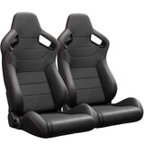 2PCS New Universal Bucket Racing Seats Red Stitch PVC Leather Reclinable Carbon Look Leather Back With Adjustor Slider(Not Including Seat Bracket)