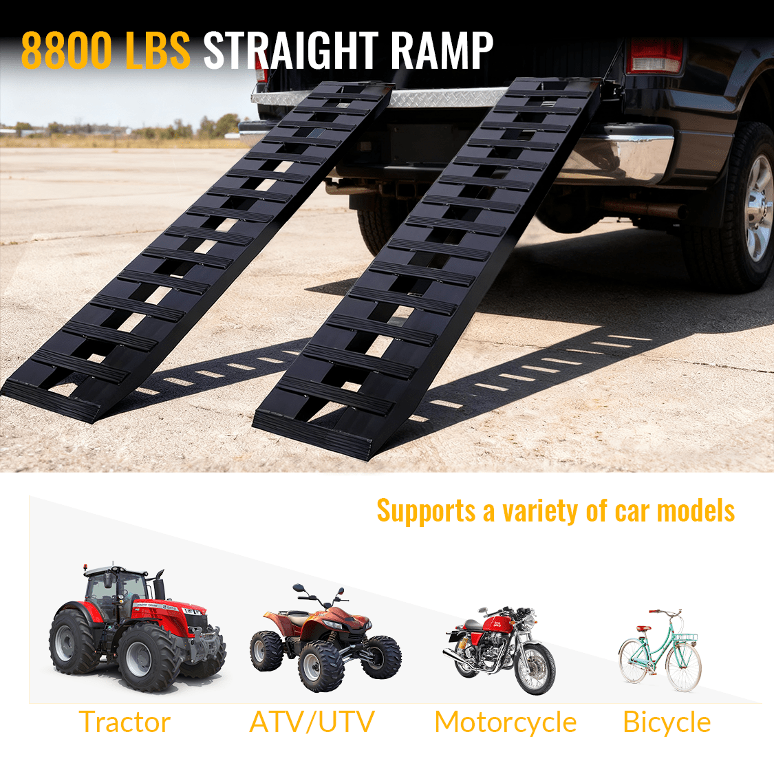 1 Pair Heavy - Duty Ramps with Top Hook Attaching End Universal Loading 84" X 14" 8800 LBS Aluminum - Black - Fab Heavy Parts