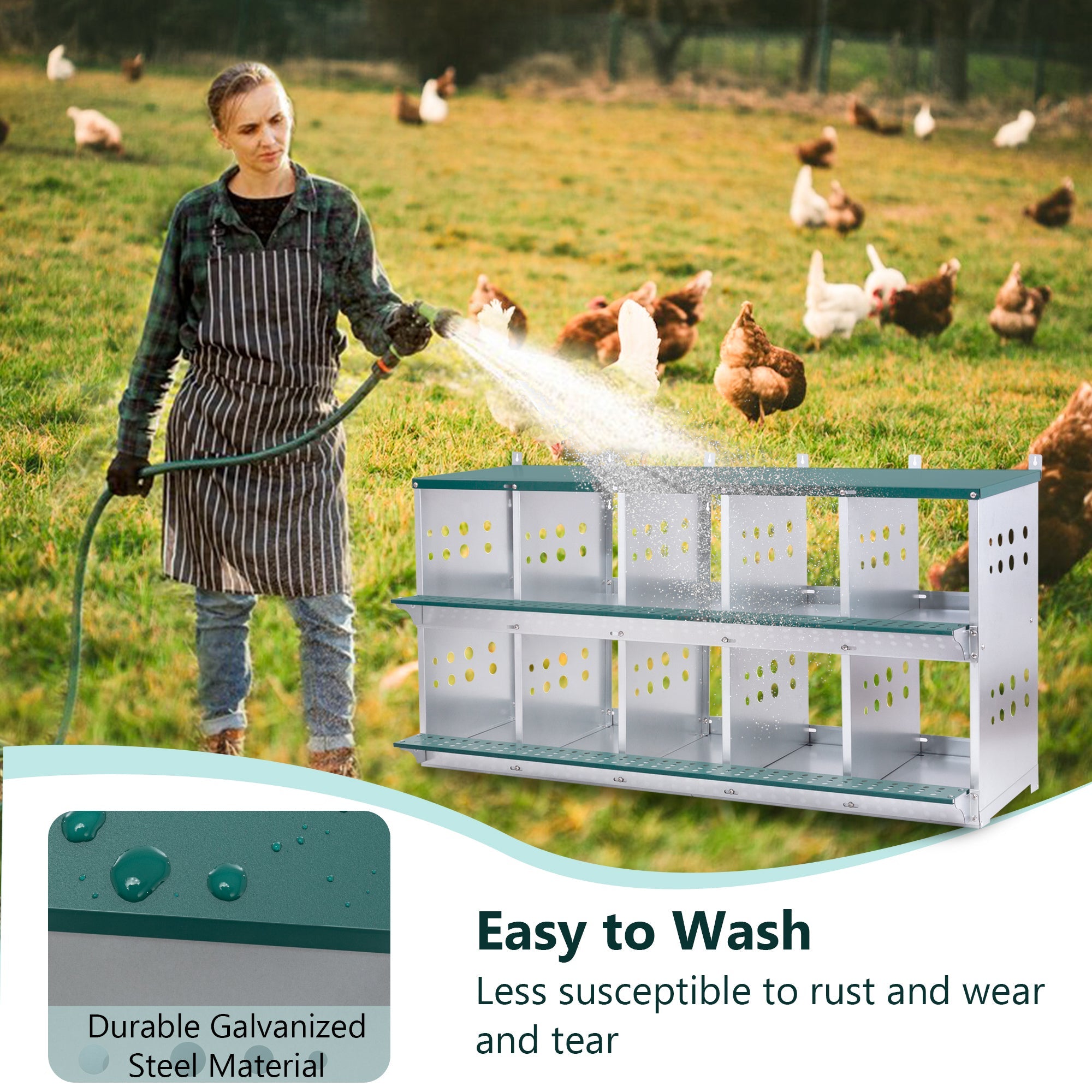 10 - Bay Metal Chicken Nesting Box Wall Mount Easy Egg Collection Vented Galvanized Steel - Green - Fab Heavy Parts