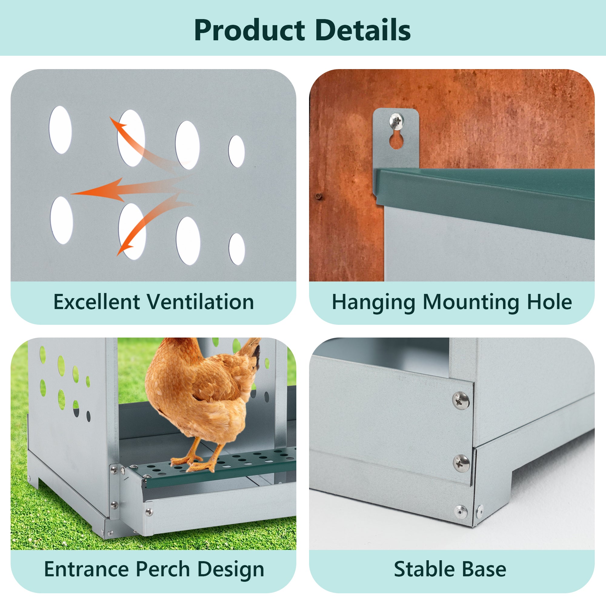 10 - Bay Metal Chicken Nesting Box Wall Mount Easy Egg Collection Vented Galvanized Steel - Green - Fab Heavy Parts