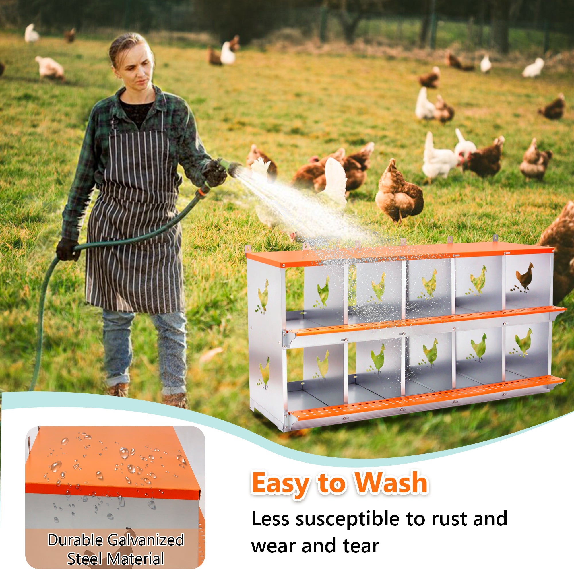 10 - Bay Metal Chicken Nesting Box Wall Mount Easy Egg Collection Vented Galvanized Steel - Orange - Fab Heavy Parts