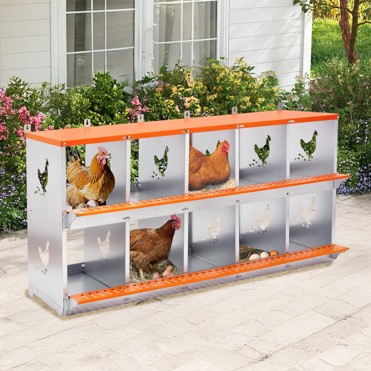 10 - Bay Metal Chicken Nesting Box Wall Mount Easy Egg Collection Vented Galvanized Steel - Orange - Fab Heavy Parts