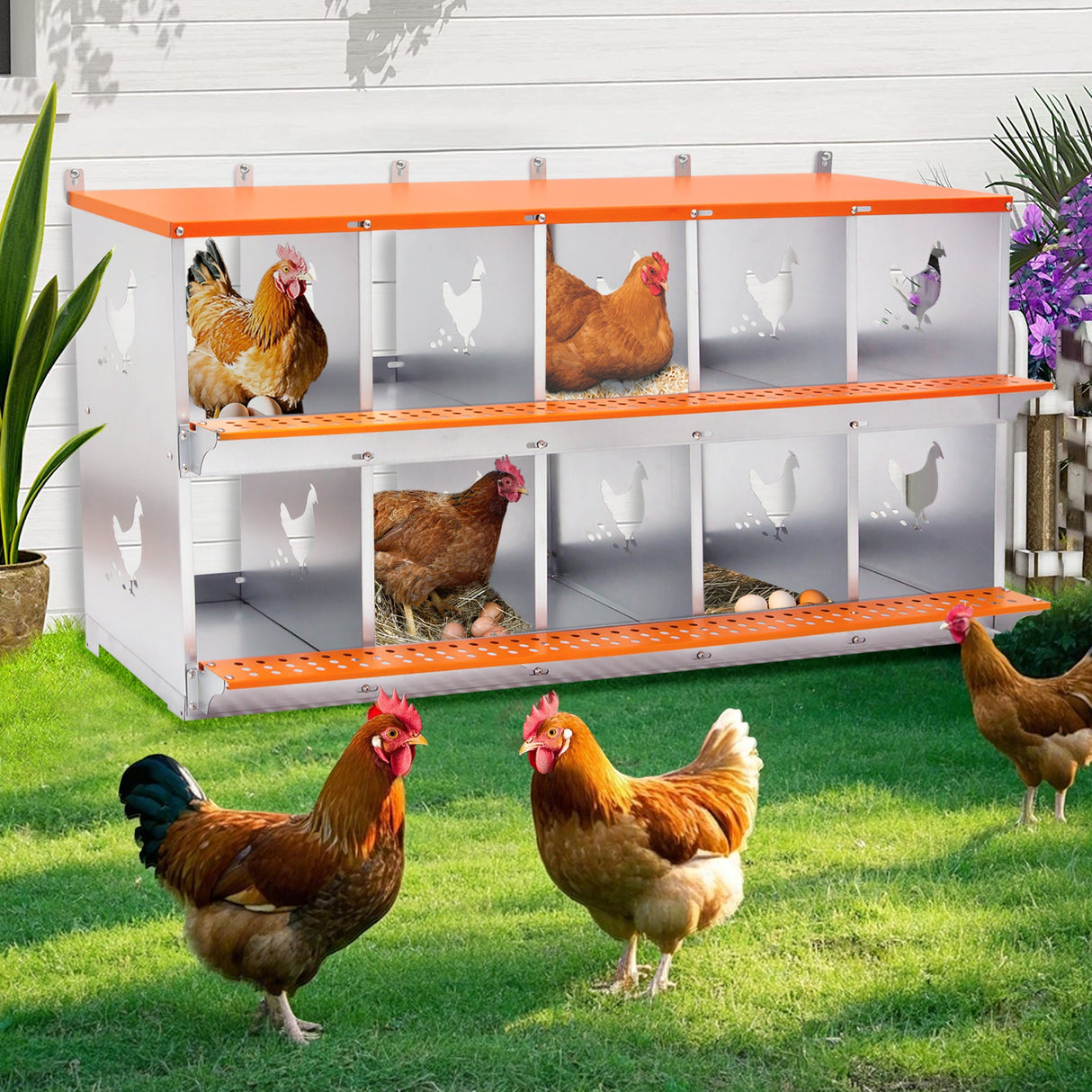 10 - Bay Metal Chicken Nesting Box Wall Mount Easy Egg Collection Vented Galvanized Steel - Orange - Fab Heavy Parts