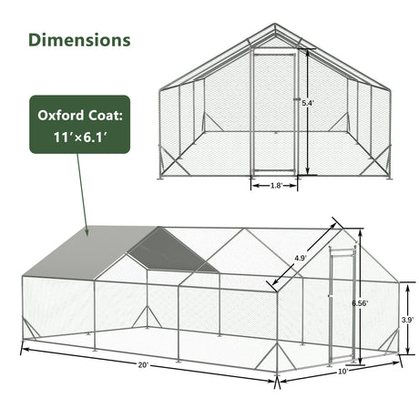 10' L x 20' W x 6.56' H Large Metal Walk - in Chicken Coop Galvanized Wire with Waterproof and Anti - Ultraviolet Cover - Fab Heavy Parts