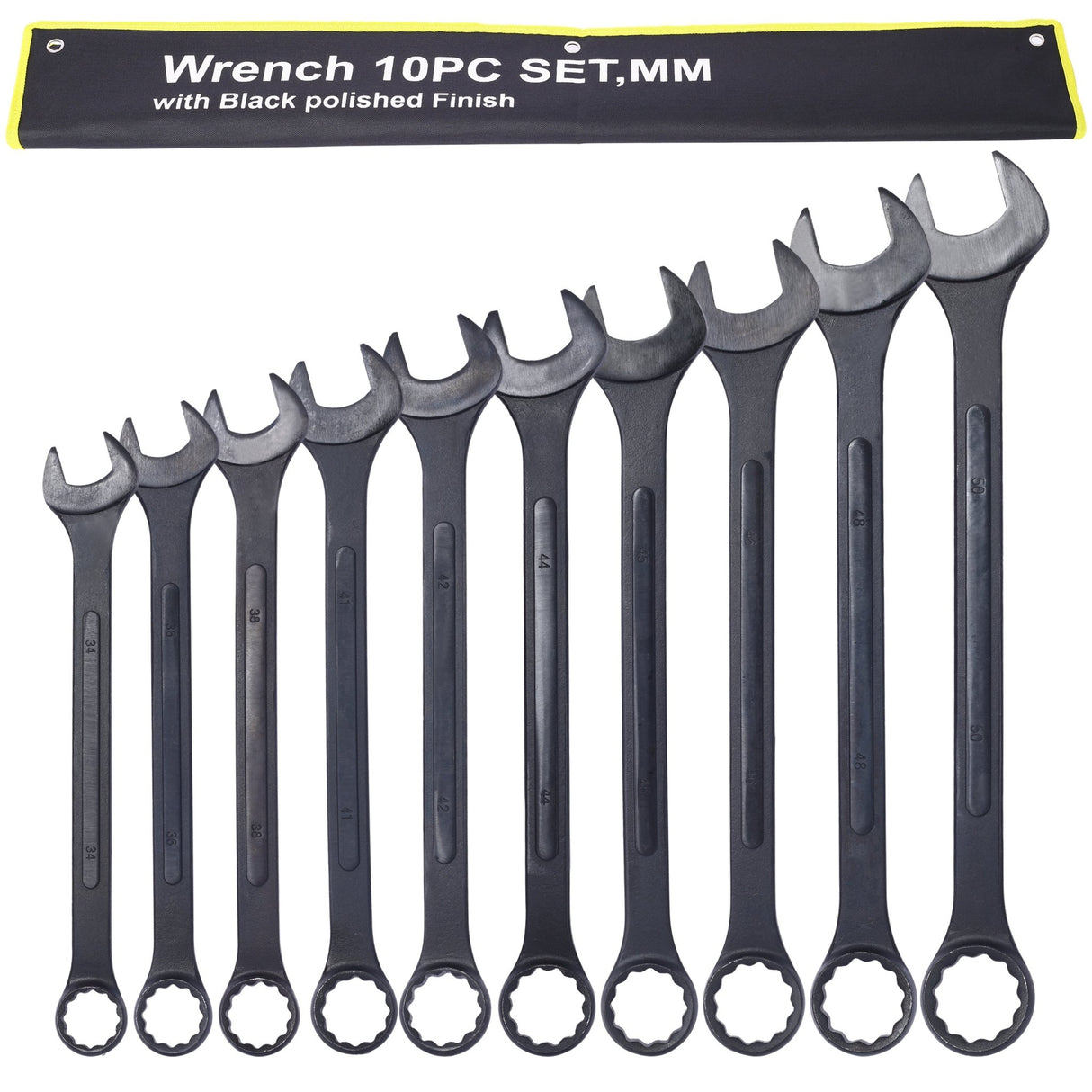 10 PCS Metric Jumbo Combination Wrench Set Extra Large Black - Oxide 34 36 38 41 42 44 45 46 48 50mm with Pouch - Fab Heavy Parts