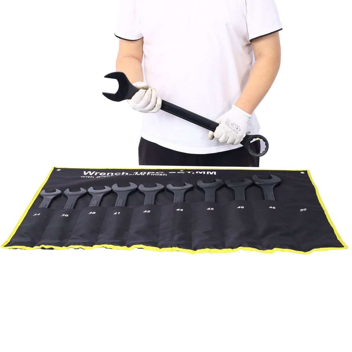 10 PCS Metric Jumbo Combination Wrench Set Extra Large Black - Oxide 34 36 38 41 42 44 45 46 48 50mm with Pouch - Fab Heavy Parts