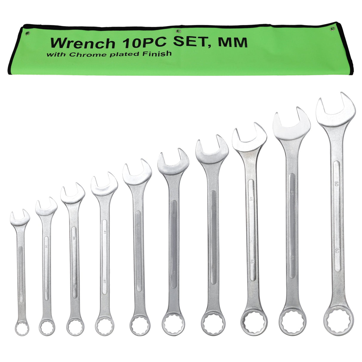 10 PCS Metric Jumbo Combination Wrench Set Extra Large, MM 34, 36, 38, 41, 42, 44, 45, 46, 48, 50mm - Chrome Plated - Fab Heavy Parts