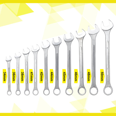 10 PCS Metric Jumbo Combination Wrench Set Extra Large, MM 34, 36, 38, 41, 42, 44, 45, 46, 48, 50mm - Chrome Plated - Fab Heavy Parts
