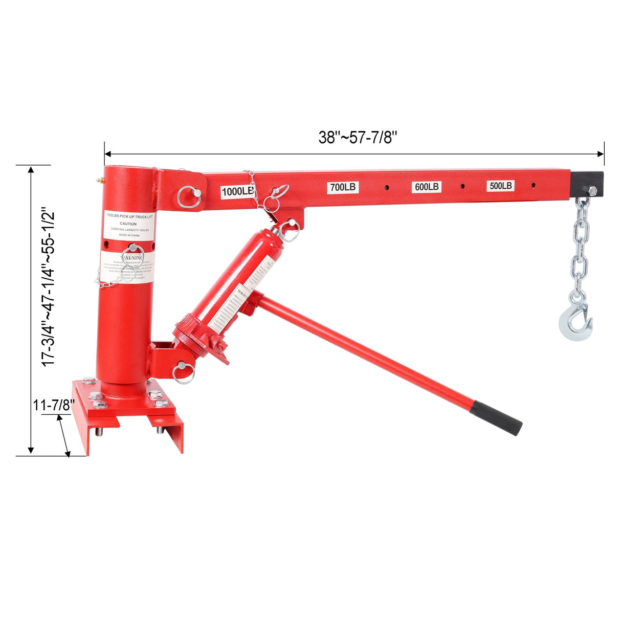 1000lbs Capacity Pickup Truck Extra Hoist Lift Load Jib Crane Extension Lock Position Swivel Base Mounted - Red - Fab Heavy Parts