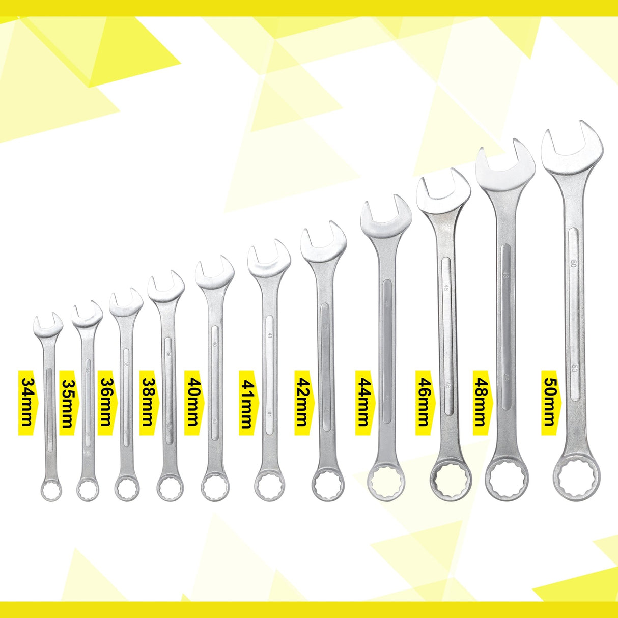 11 PCS Metric Jumbo Combination Wrench Set Extra Large, MM 34, 35, 36, 38, 40, 41, 42, 44, 46, 48, 50mm - Chrome Plated - Fab Heavy Parts