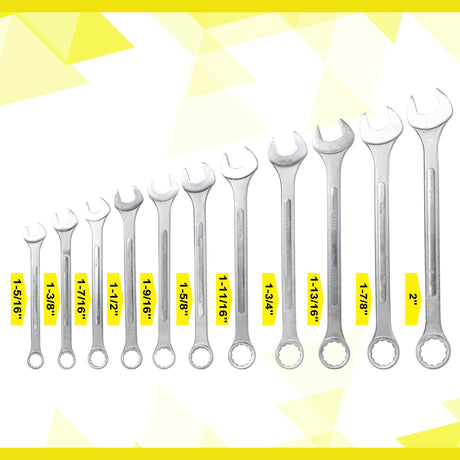 11 PCS SAE Jumbo Combination Wrench Set Extra Large SAE 1-5/16", 1-3/8", 1-7/16", 1-1/2", 1-9/16", 1-5/8", 1-11/16", 1-3/4", 1-13/16", 1-7/8", 2" Chrome Plated - Fab Heavy Parts