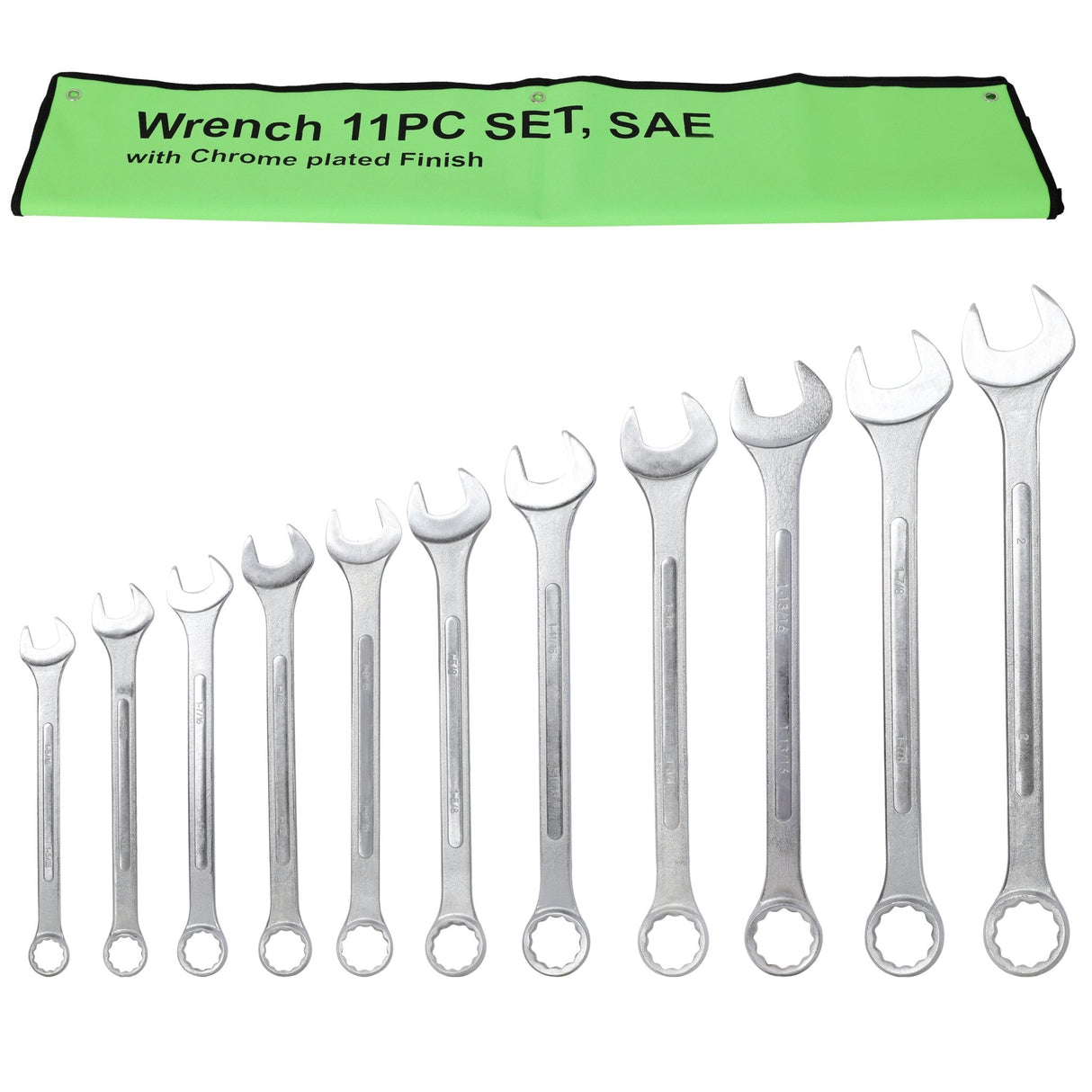11 PCS SAE Jumbo Combination Wrench Set Extra Large SAE 1-5/16", 1-3/8", 1-7/16", 1-1/2", 1-9/16", 1-5/8", 1-11/16", 1-3/4", 1-13/16", 1-7/8", 2" Chrome Plated - Fab Heavy Parts