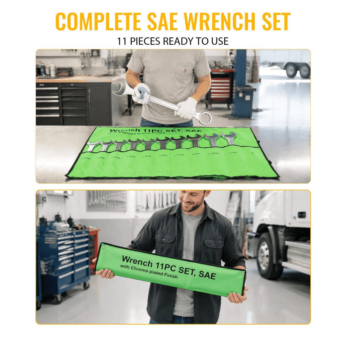 11 PCS SAE Jumbo Combination Wrench Set Extra Large SAE 1-5/16", 1-3/8", 1-7/16", 1-1/2", 1-9/16", 1-5/8", 1-11/16", 1-3/4", 1-13/16", 1-7/8", 2" Chrome Plated - Fab Heavy Parts