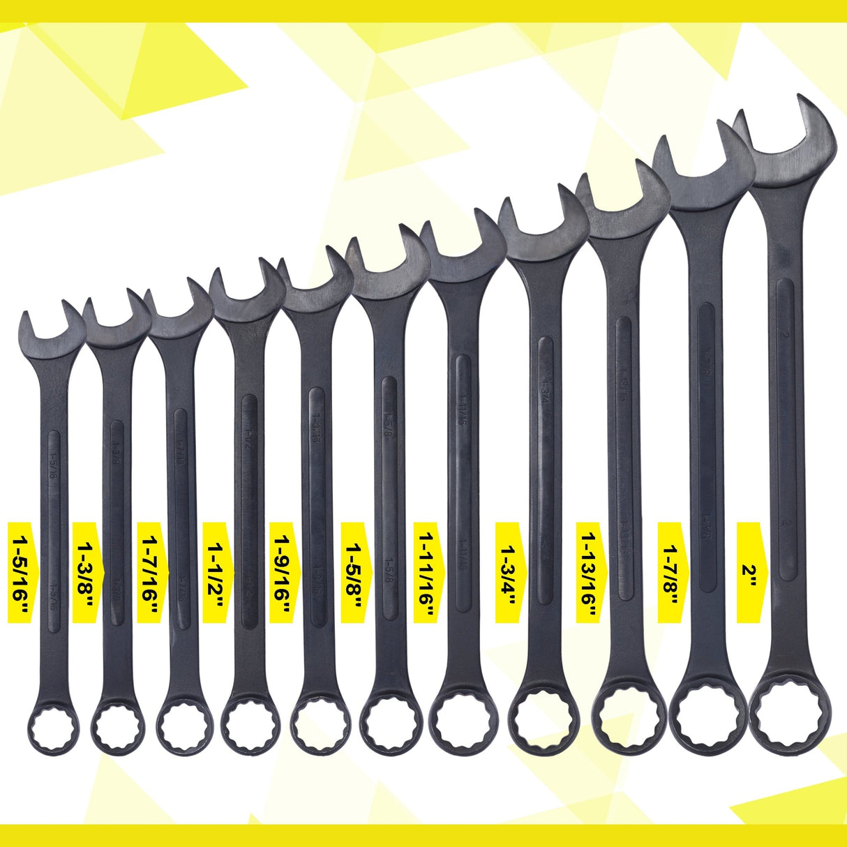11 Piece Jumbo Combination Wrench Set SAE 1 - 5/16'' to 2'' Black Oxide with Pouch - Fab Heavy Parts