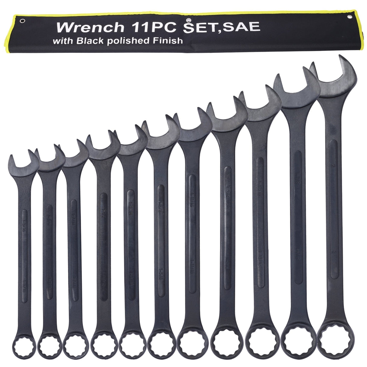11 Piece Jumbo Combination Wrench Set SAE 1 - 5/16'' to 2'' Black Oxide with Pouch - Fab Heavy Parts