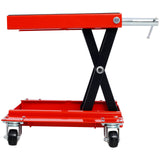1100lb Motorcycle Lift with Dolly Jack Scissor Wide Deck - Red - Fab Heavy Parts