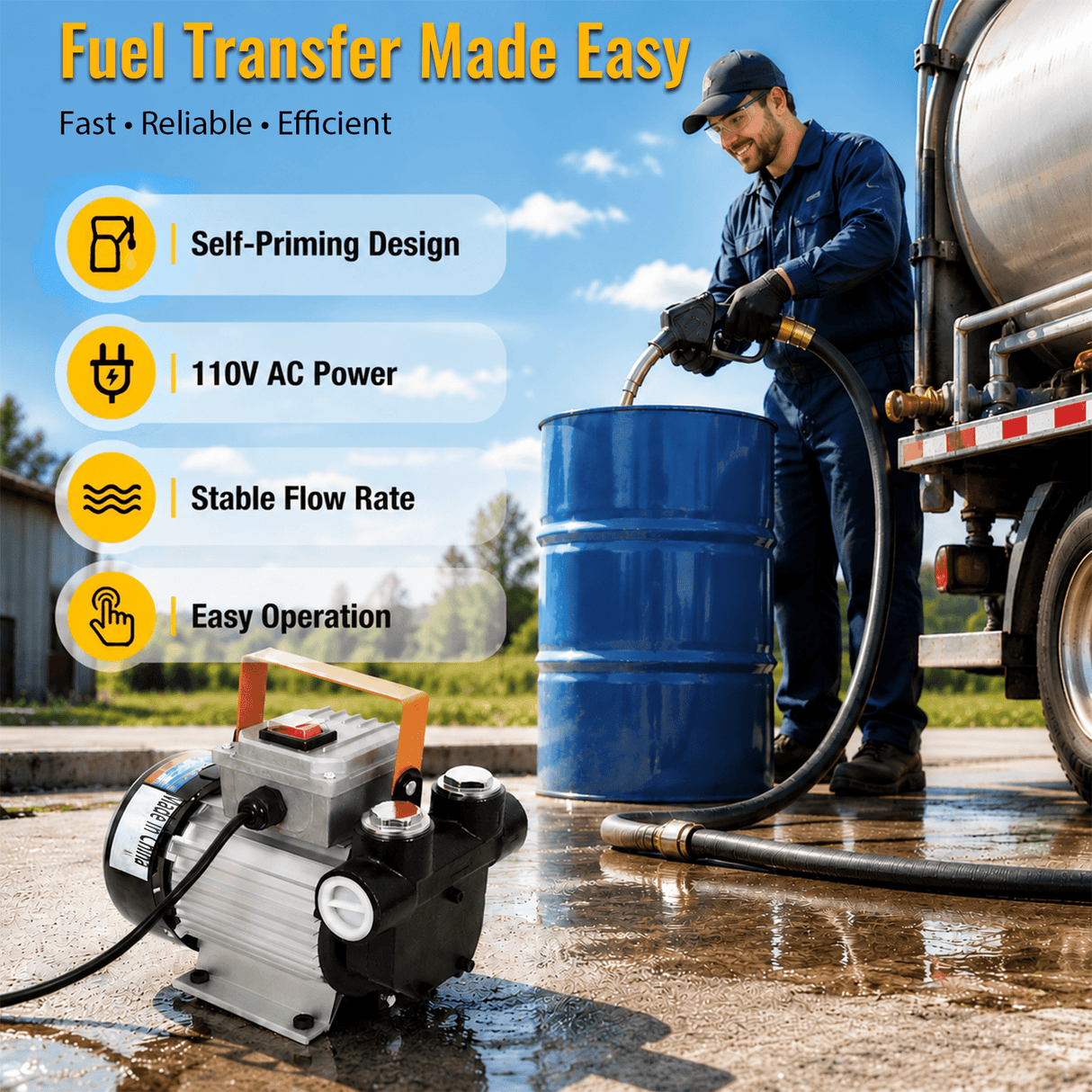 110V AC Portable Self-Priming Fuel Pump Fast Transfer Pump for Diesel Kerosene Biodiesel - Fab Heavy Parts