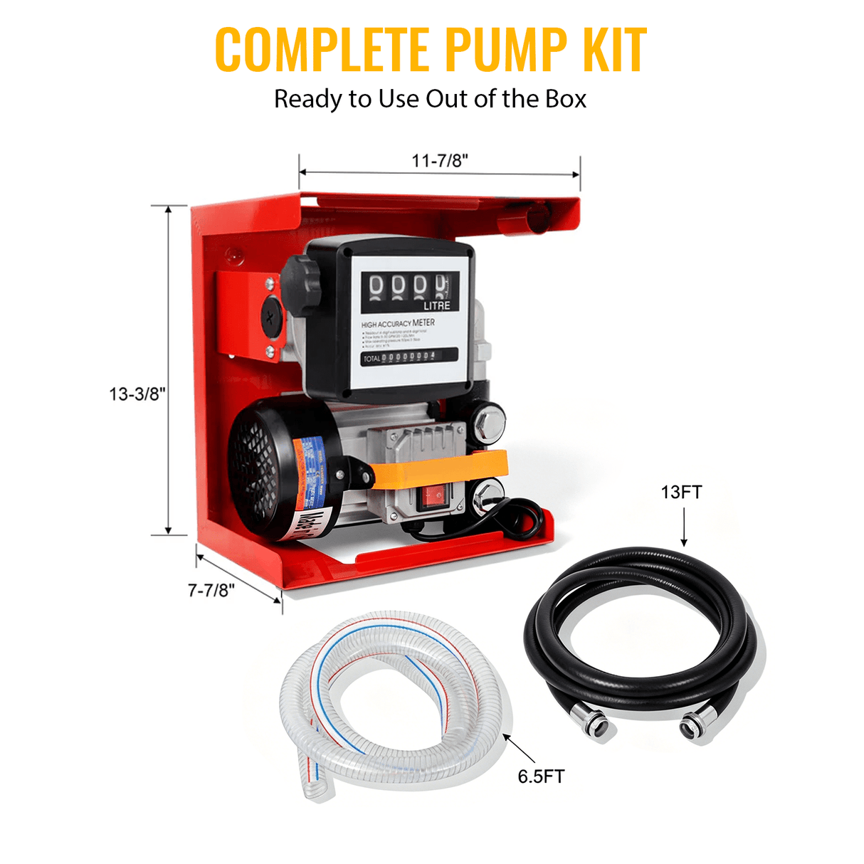 110V Self-Priming Diesel Fuel Transfer Pump Kit with Manual Nozzle Electric Oil Pump with Flow Meter 13FT Hose & Fuel Nozzle Assembly - Fab Heavy Parts