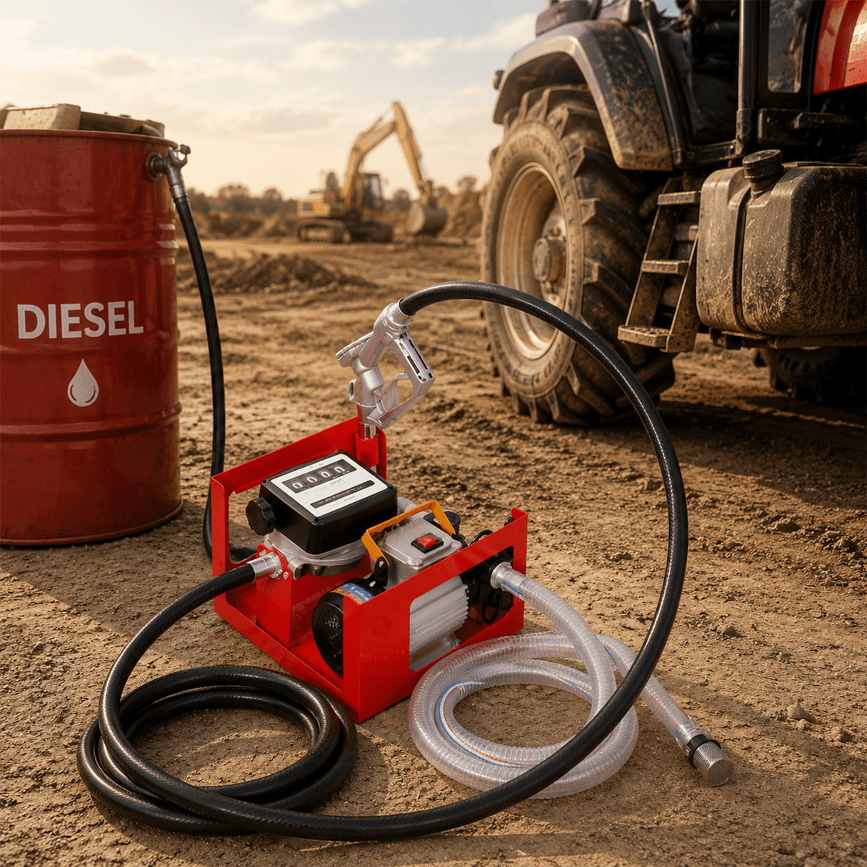110V Self-Priming Diesel Fuel Transfer Pump Kit with Manual Nozzle Electric Oil Pump with Flow Meter 13FT Hose & Fuel Nozzle Assembly - Fab Heavy Parts