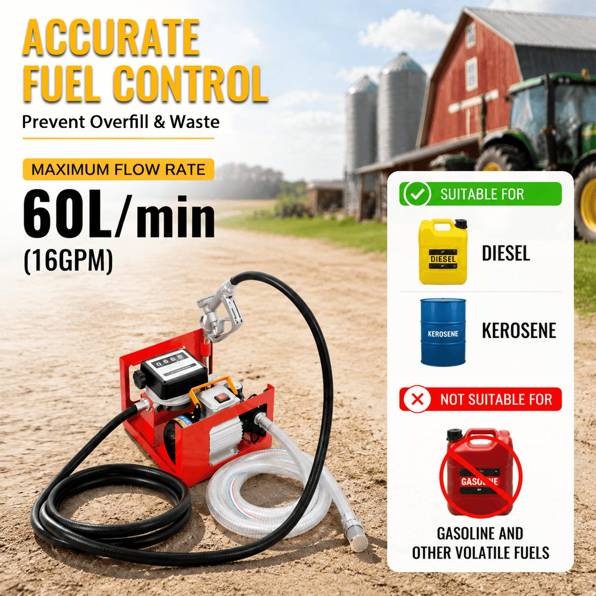 110V Self-Priming Diesel Fuel Transfer Pump Kit with Manual Nozzle Electric Oil Pump with Flow Meter 13FT Hose & Fuel Nozzle Assembly - Fab Heavy Parts