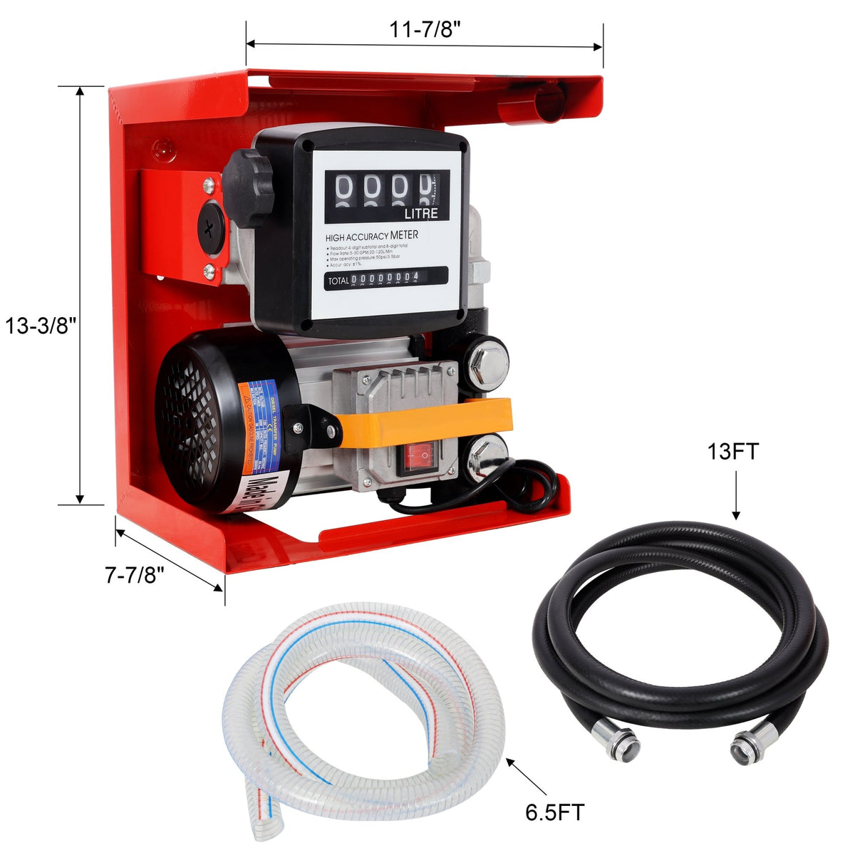 110V Self-Priming Diesel Fuel Transfer Pump Kit with Manual Nozzle Electric Oil Pump with Flow Meter 13FT Hose & Fuel Nozzle Assembly - Fab Heavy Parts