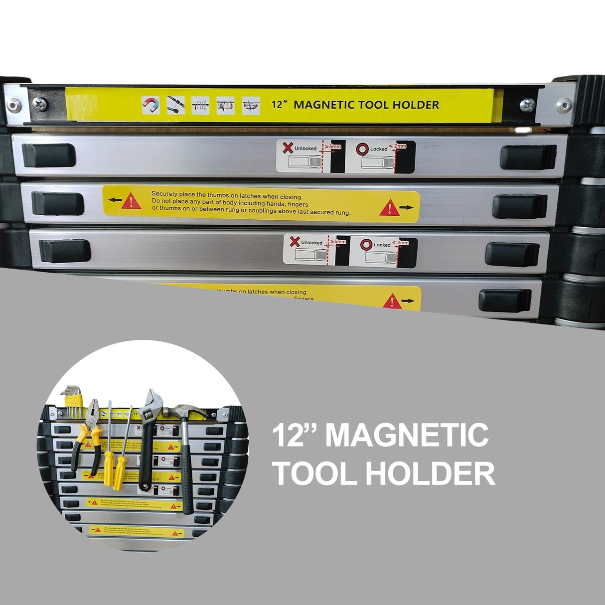 11.5 FT Aluminum Telescoping Ladder 330 Lbs Capacity Equipped with 360 ° Rotatable Stabilizer Bar and Metal Tool Suction Magnetic Strip - Fab Heavy Parts