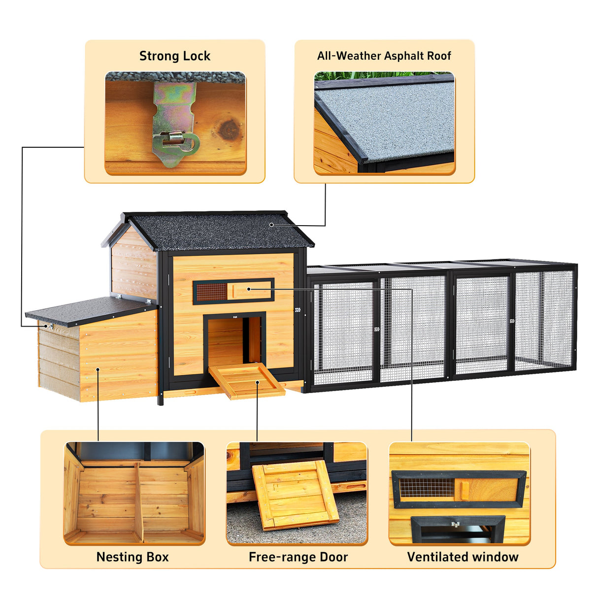118" Large Wooden Chicken Coop with Nesting Box Leak - Proof Pull - Out Tray Asphalt Roof & Free - Range Doors - Fab Heavy Parts