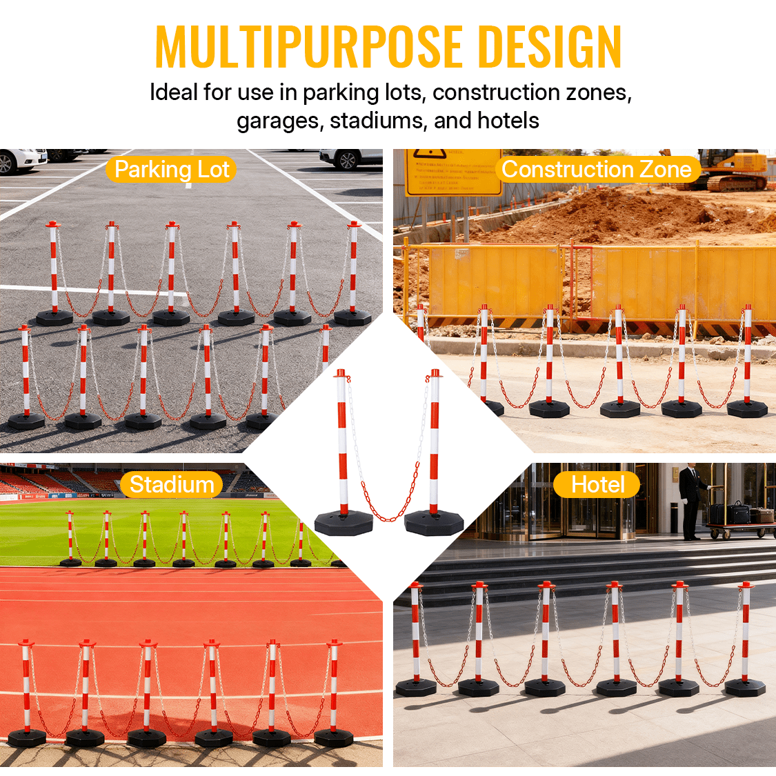 12 Pack Traffic Delineator Post Cones with Fillable Base Adjustable Safety Barrier with 5Ft Plastic Chain - White+Red - Fab Heavy Parts