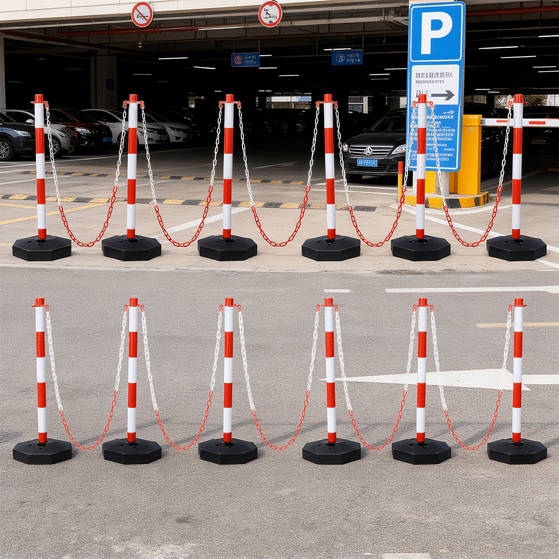 12 Pack Traffic Delineator Post Cones with Fillable Base Adjustable Safety Barrier with 5Ft Plastic Chain - White+Red - Fab Heavy Parts