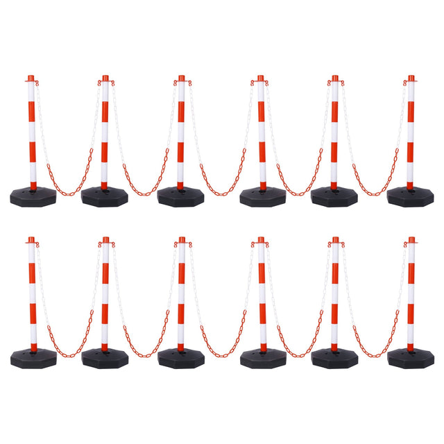 12 Pack Traffic Delineator Post Cones with Fillable Base Adjustable Safety Barrier with 5Ft Plastic Chain - White+Red - Fab Heavy Parts