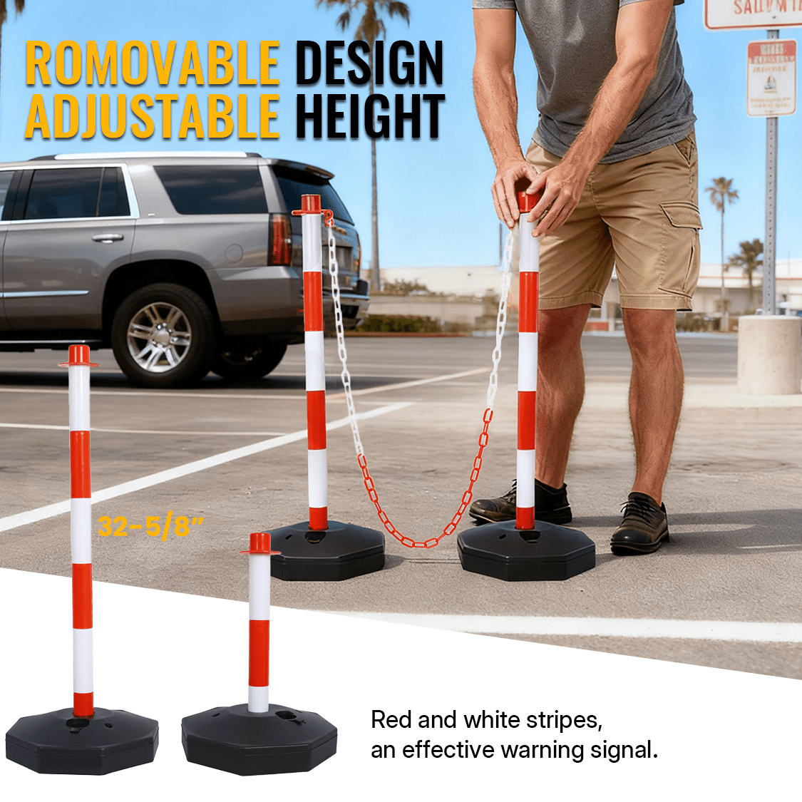 12 Pack Traffic Delineator Post Cones with Fillable Base Adjustable Safety Barrier with 5Ft Plastic Chain - White+Red - Fab Heavy Parts