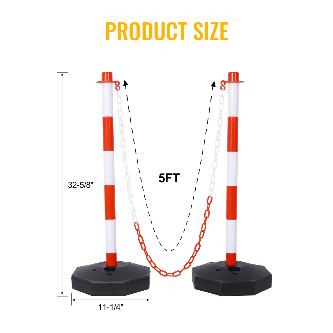 12 Pack Traffic Delineator Post Cones with Fillable Base Adjustable Safety Barrier with 5Ft Plastic Chain - White+Red - Fab Heavy Parts