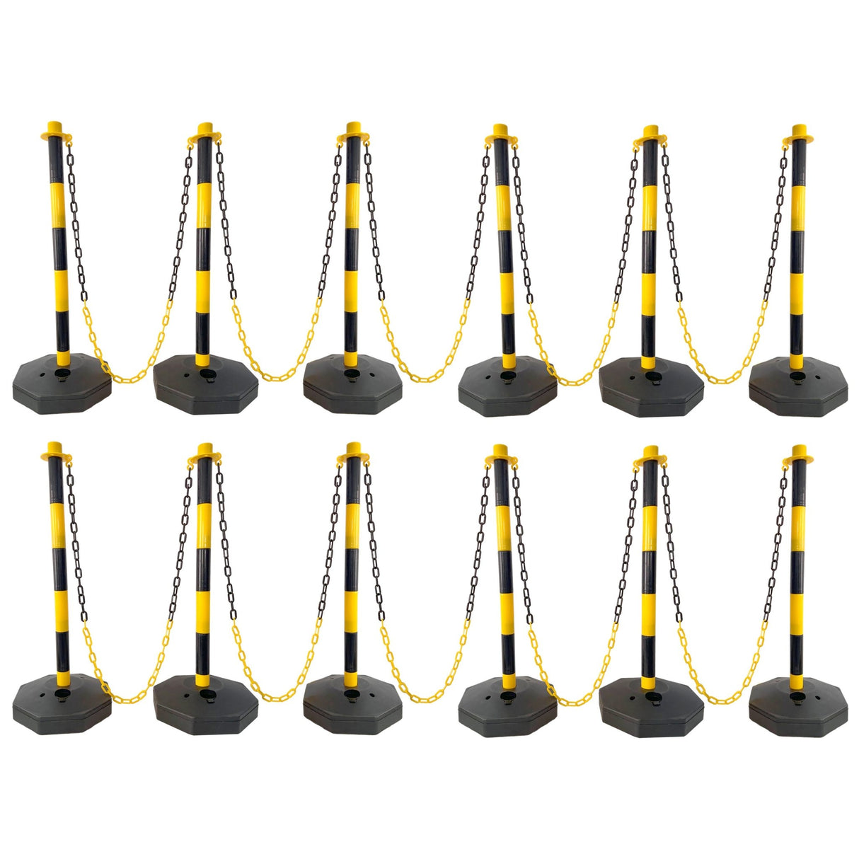 12 Pack Traffic Delineator Post Cones with Fillable Base Adjustable Safety Barrier with 5Ft Plastic Chain - Yellow+Black - Fab Heavy Parts