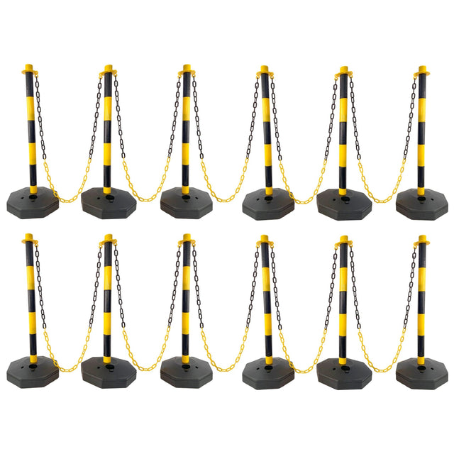 12 Pack Traffic Delineator Post Cones with Fillable Base Adjustable Safety Barrier with 5Ft Plastic Chain - Yellow+Black - Fab Heavy Parts