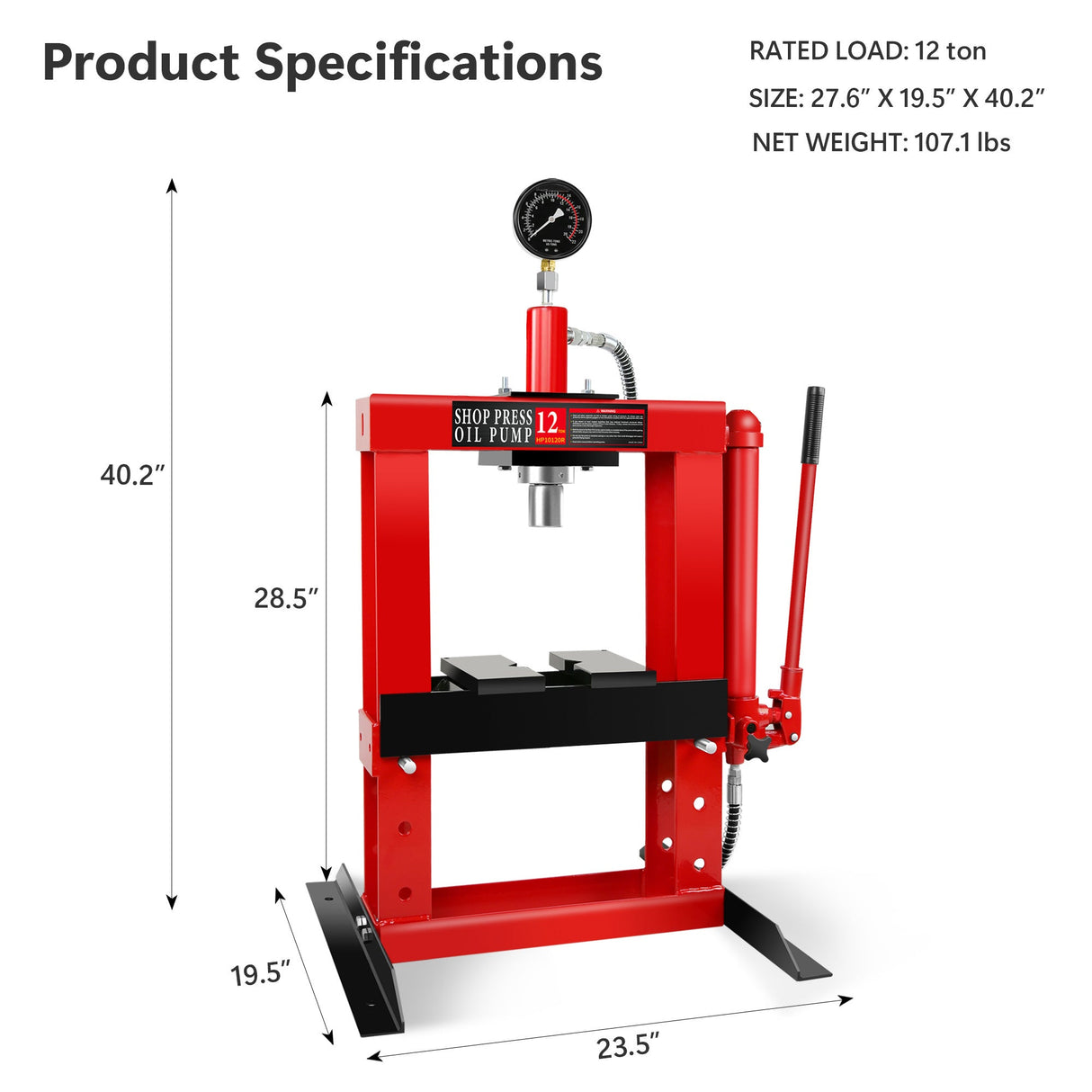 12 - Ton Adjustable Benchtop Hydraulic Shop Press for Garage w/Stamping Plates & Pressure Manual Hand Pump - Fab Heavy Parts