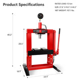 12 - Ton Adjustable Benchtop Hydraulic Shop Press for Garage w/Stamping Plates & Pressure Manual Hand Pump - Fab Heavy Parts