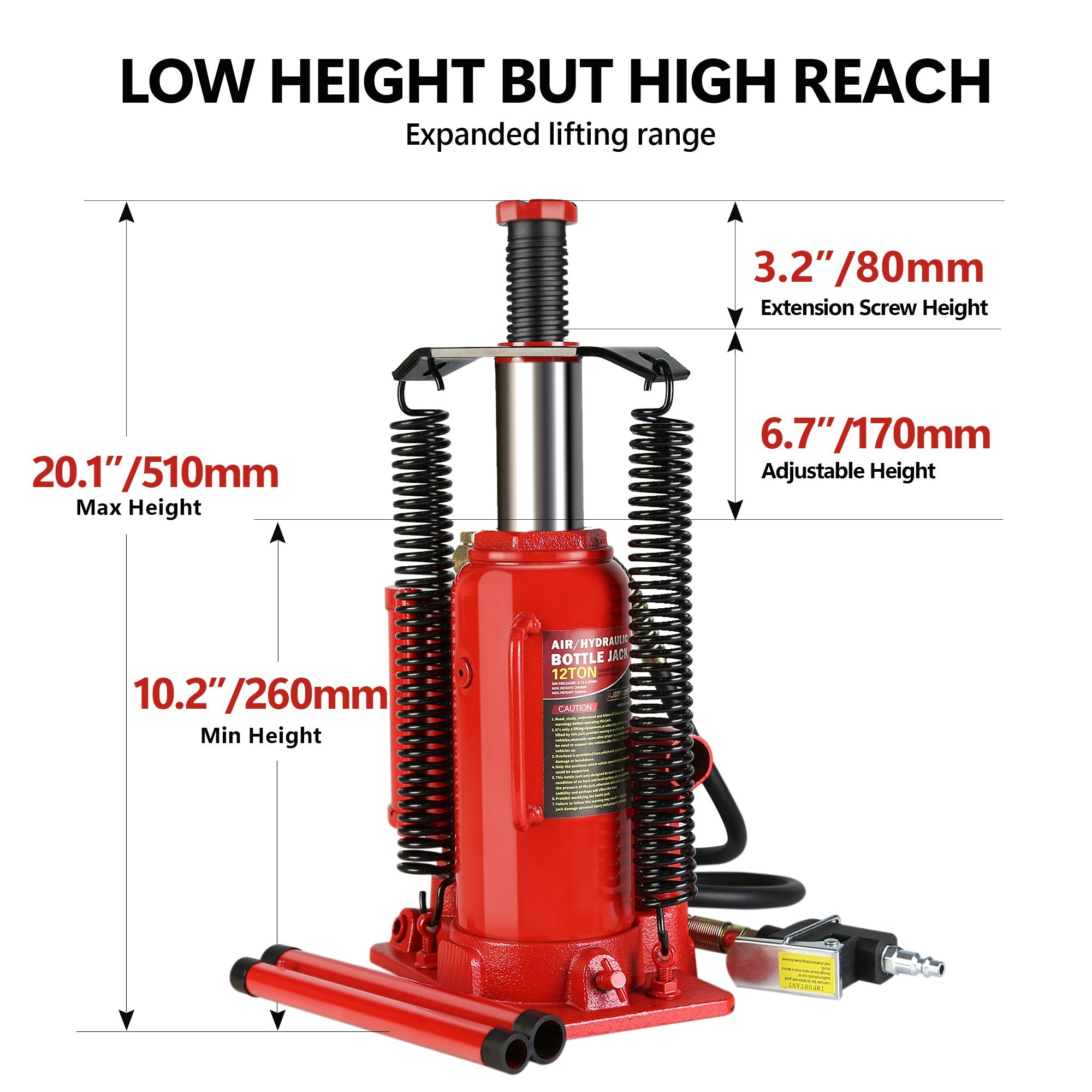 12 Ton Air Hydraulic Bottle Jack All Welded with 2 - Section Long Handle Lifting Range 10.2 - 20.1 Inch - Fab Heavy Parts