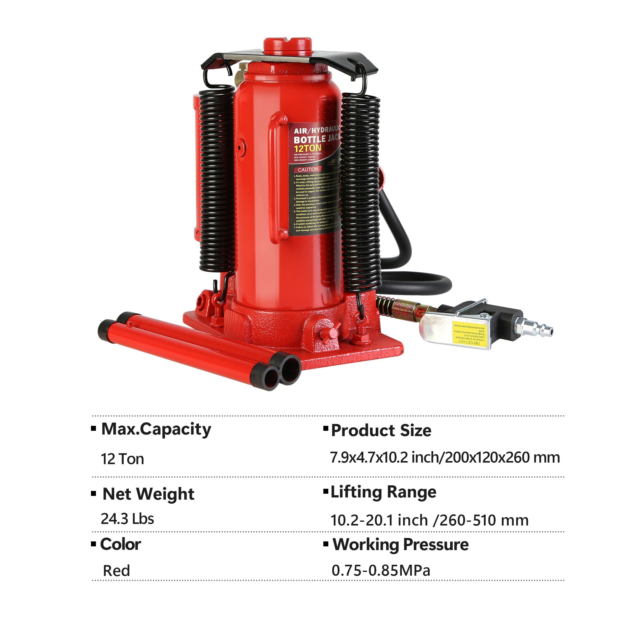 12 Ton Air Hydraulic Bottle Jack All Welded with 2 - Section Long Handle Lifting Range 10.2 - 20.1 Inch - Fab Heavy Parts