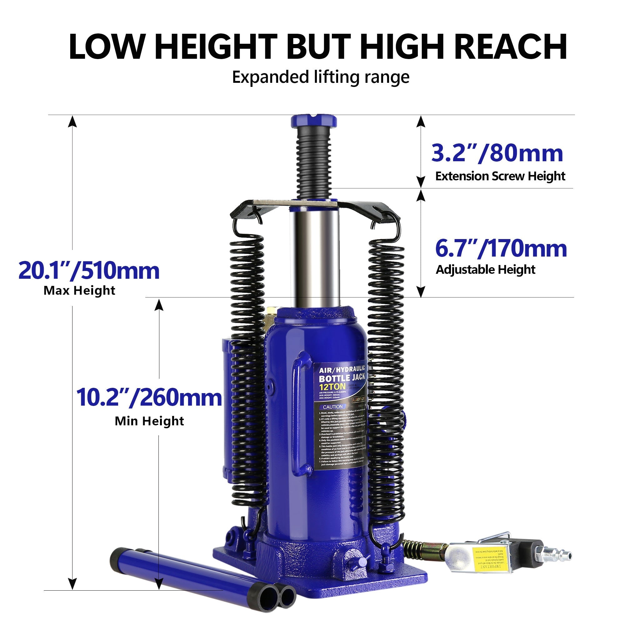 12 Ton Pneumatic Air Hydraulic Bottle Jack with Manual Hand Pump Heavy Duty - Blue - Fab Heavy Parts