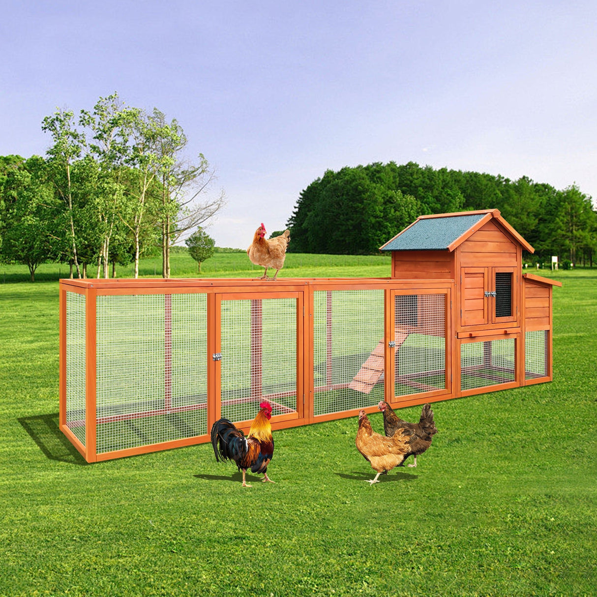 122" Large Wooden Chicken Coop with Nesting Box Wire Fence Poultry Cage - Fab Heavy Parts