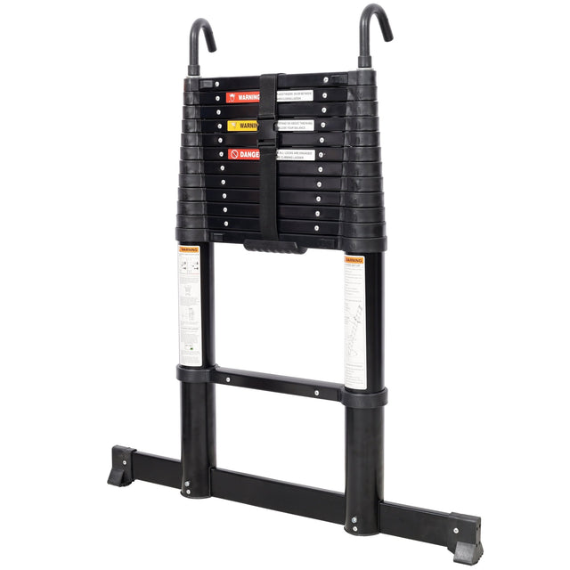12.5FT Telescopic Ladder Aluminum Ladder with Non - Slip Feet and Stable Hook Portable Extension Ladder for Household and Outdoor Working 330lbs Capacity - Black - Fab Heavy Parts