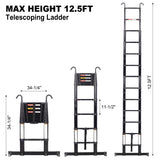 12.5FT Telescopic Ladder Aluminum Ladder with Non - Slip Feet and Stable Hook Portable Extension Ladder for Household and Outdoor Working 330lbs Capacity - Black - Fab Heavy Parts