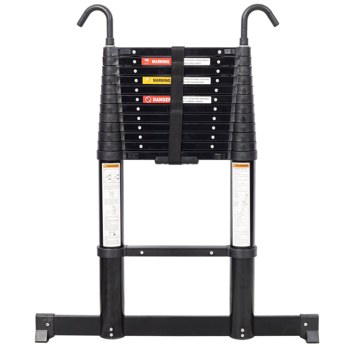 12.5FT Telescopic Ladder Aluminum Ladder with Non - Slip Feet and Stable Hook Portable Extension Ladder for Household and Outdoor Working 330lbs Capacity - Black - Fab Heavy Parts